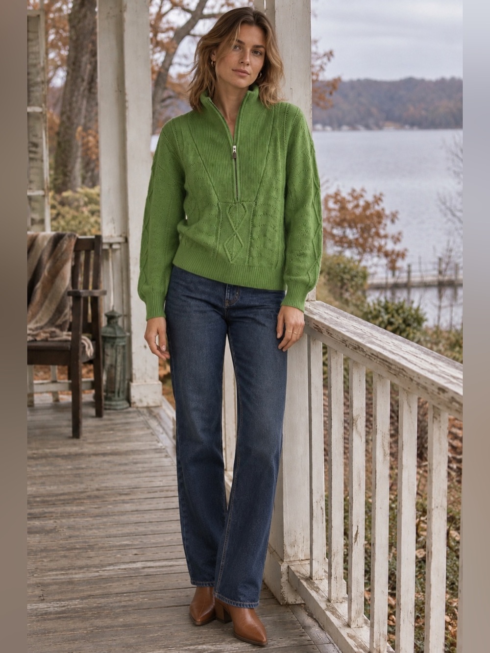 FRNCH Cable Knit Half Zip Turtleneck Sweater Apple Green Small